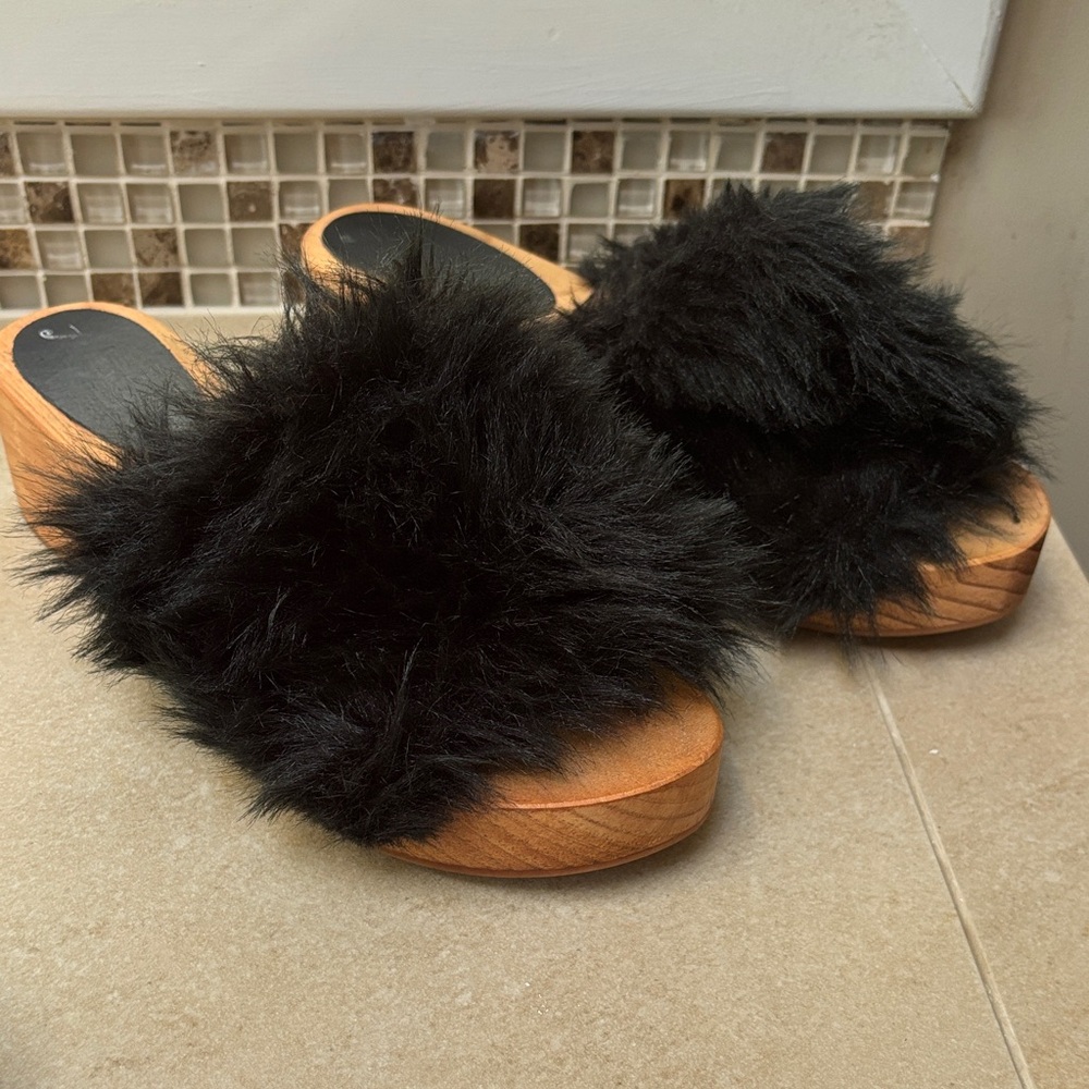 Free People Black Furry Mules with Wooden Sole
